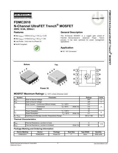 Fairchild Semiconductor FDMC2610 200V 9.5A MOSFET Datasheet - cover page