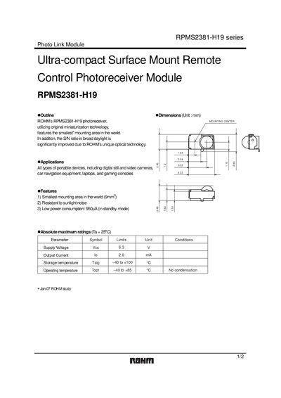 ROHM RPMS2381-H19 Photoreceiver Module Manual - cover page