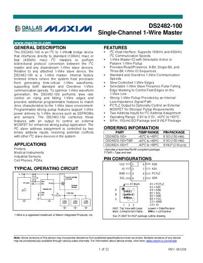 Maxim DS2482-100 Single‑Channel 1‑Wire Master Datasheet - cover page