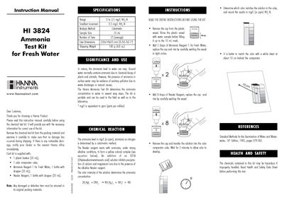 Hanna Instruments HI 3824 Ammonia Test Kit Instruction Manual - cover page