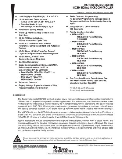 Texas Instruments MSP430x43x Microcontroller Datasheet - cover page
