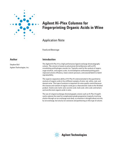 Agilent Hi-Plex H Application Note for Organic Acids in Wine - cover page