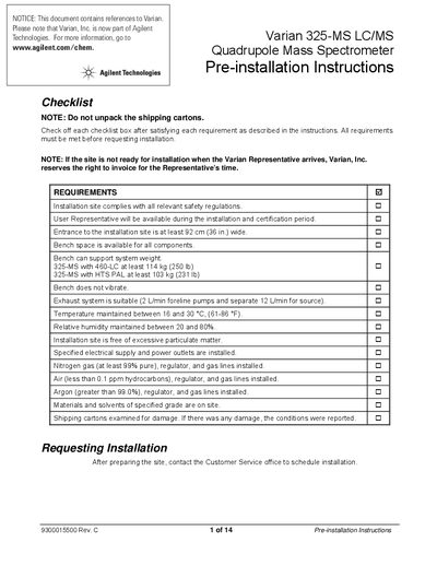 Agilent 325-MS LC/MS Pre-installation Instructions - cover page