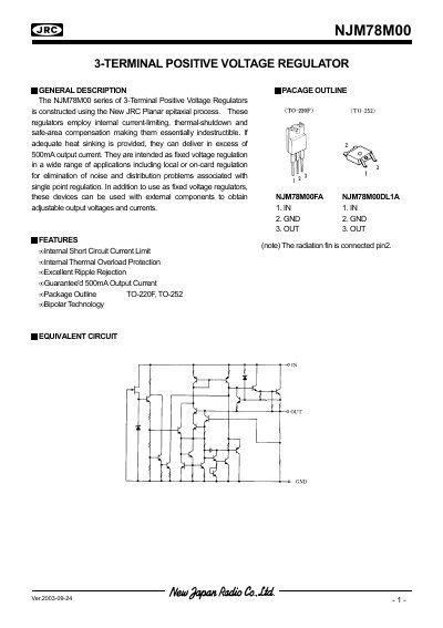 New Japan Radio NJM78M00 Series Voltage Regulator Datasheet - cover page