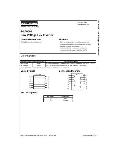 Fairchild Semiconductor 74LVQ04 Low Voltage Hex Inverter Datasheet - cover page