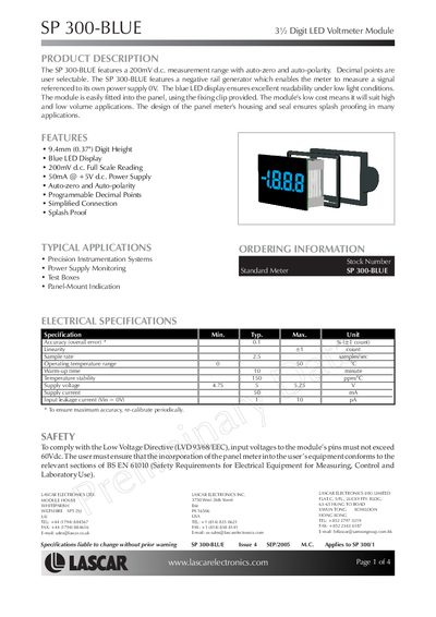 Lascar SP 300-BLUE 3% Digit LED Voltmeter Module User Manual