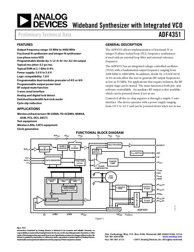 Analog Devices ADF4351 Wideband Synthesizer Datasheet - cover page
