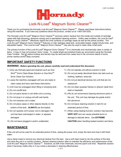 Hornady Lock-N-Load Magnum Sonic Cleaner User Manual - cover page