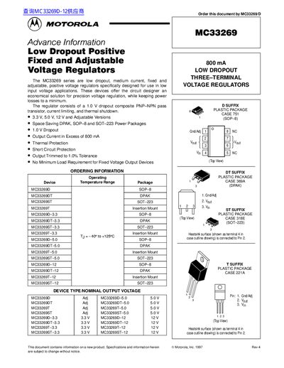 Motorola MC33269 Low Dropout Voltage Regulator Datasheet - cover page