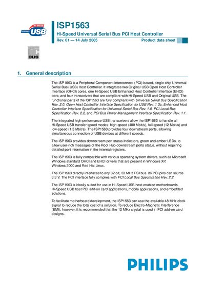 Philips ISP1563 HS USB PCI Host Controller Datasheet - cover page