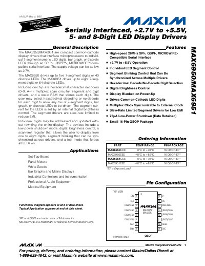 Maxim Integrated MAX6950/MAX6951 Serially Interfaced LED Display Driver Datasheet - cover page