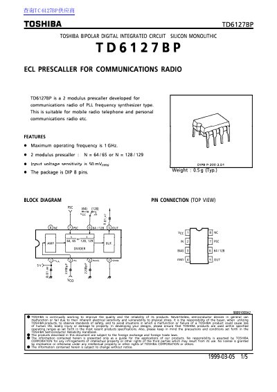 Toshiba TD6127BP ECL Prescaler Datasheet - cover page