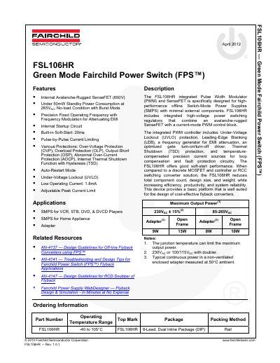 Fairchild Semiconductor FSL106HR Green Mode Fairchild Power Switch Datasheet - cover page