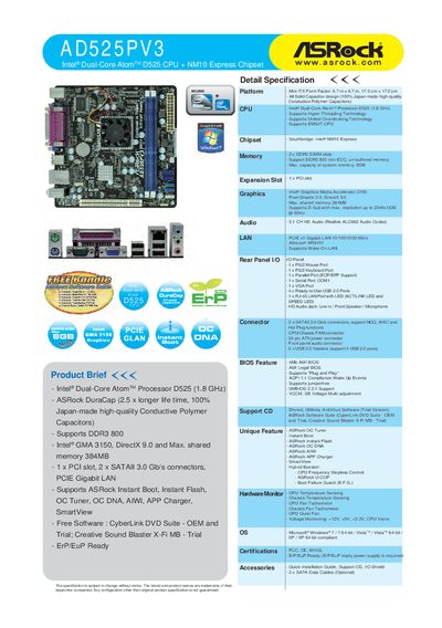 ASRock AD525PV3 Mini-ITX Motherboard User Manual - cover page