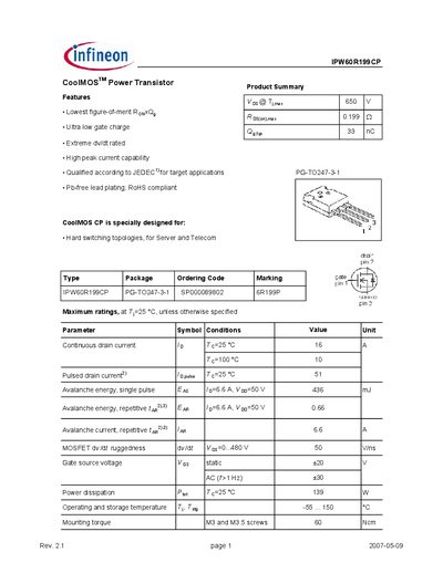 Infineon IPW60R199CP CoolMOS Power Transistor Datasheet - cover page