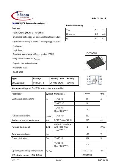 Infineon BSC022N03S OptiMOS®2 Power Transistor Datasheet - cover page