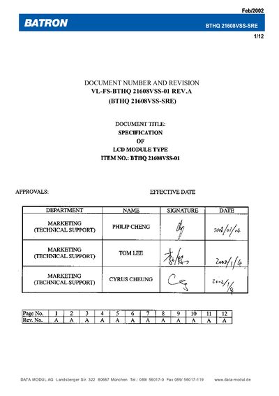BATRON DOCUMENT NUMBER AND REVISION VL-FS-BTHQ 21608VSS-01 REV.A (BTHQ 21608VSS-SRE) - cover page