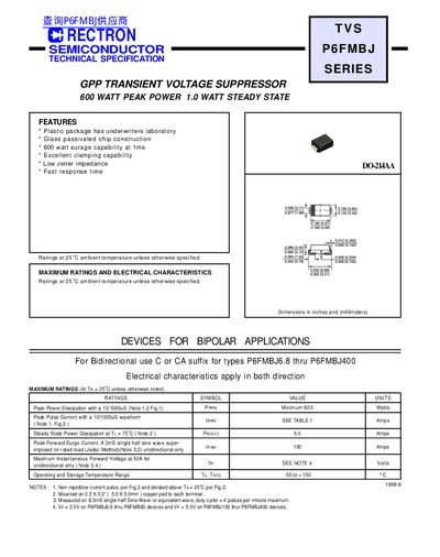 RECTRON P6FMBJ Series Transient Voltage Suppressor Datasheet - cover page