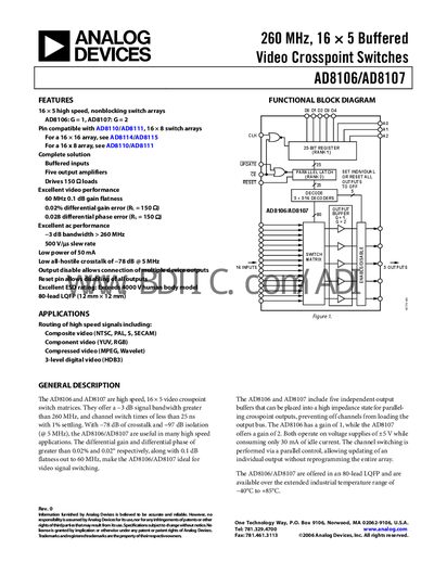 Analog Devices AD8106/AD8107 Video Crosspoint Switch Datasheet - cover page