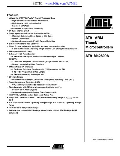 Atmel AT91M42800A Microcontroller Datasheet - cover page