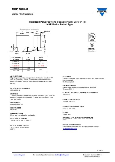 Vishay MKP 1840-M Metallized Polypropylene Film Capacitor Mini Version Datasheet