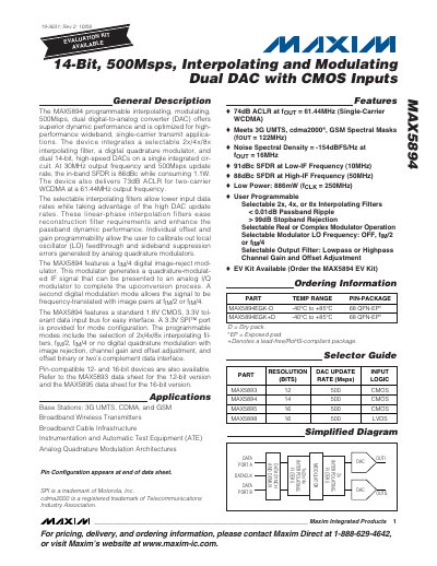 Maxim MAX5894 14‑Bit 500Msps Interpolating Modulating Dual DAC Datasheet - cover page
