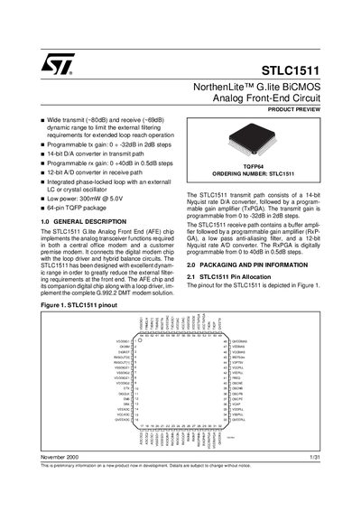 STMicroelectronics STLC1511 Analog Front-End Circuit Datasheet - cover page