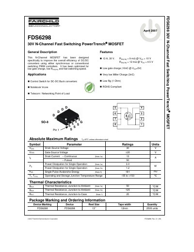 Fairchild Semiconductor FDS6298 30V N-Channel MOSFET Datasheet - cover page