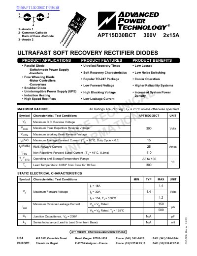 Advanced Power Technology APT15D30BCT Ultrafast Soft Recovery Rectifier Diodes Datasheet - cover page