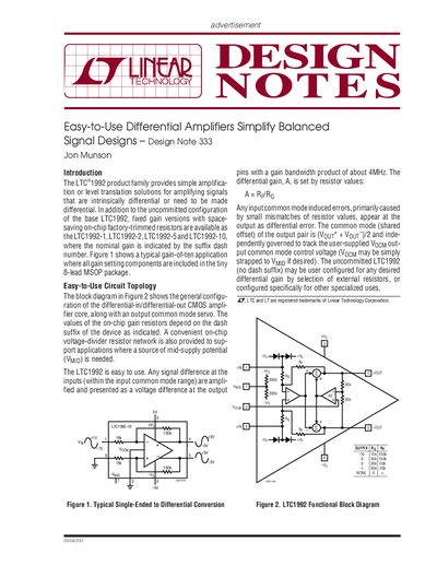 Linear Technology LTC1992 Differential Amplifier Application Note 333 - cover page