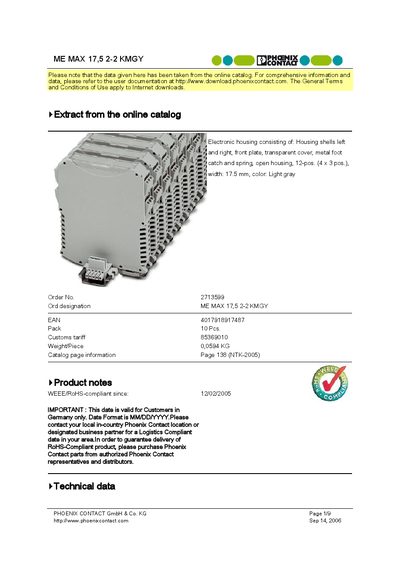 Phoenix Contact ME MAX 17.5 2-2 KMGY Product Leaflet - cover page
