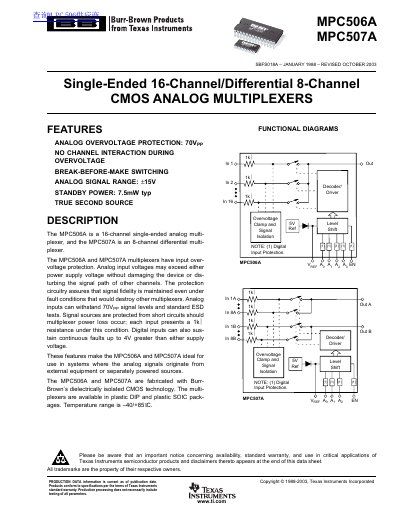 TEXAS INSTRUMENTS BB MPC506A MPC507A Single-Ended 16-Channel/Differential 8-Channel CMOS ANALOG MULTIPLEXERS handbook - cover page