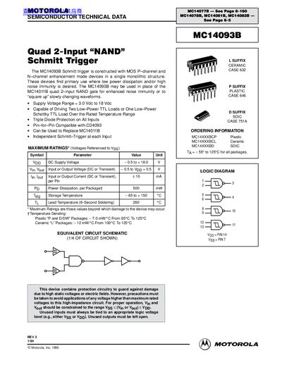 Motorola MC14093B Quad 2-Input NAND Schmitt Trigger Datasheet - cover page