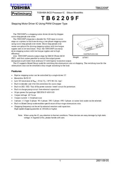 Toshiba TB62209F Stepping Motor Driver IC Datasheet - cover page