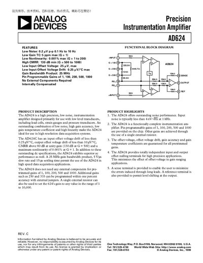 Analog Devices AD624 Precision Instrumentation Amplifier Handbook - cover page