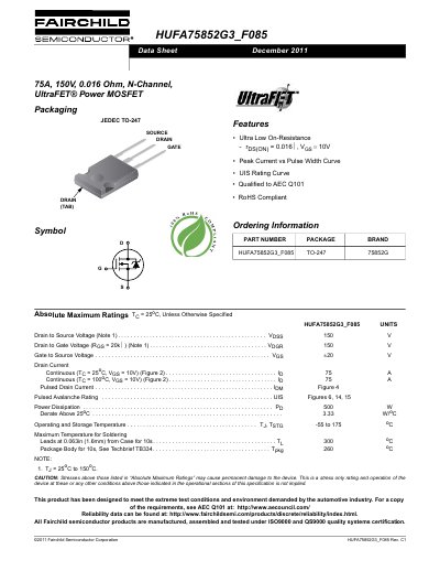 Fairchild Semiconductor HUFA75852G3 Power MOSFET Datasheet - cover page