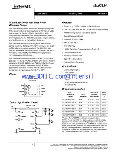 Intersil ISL97634 LED Driver Datasheet - cover page