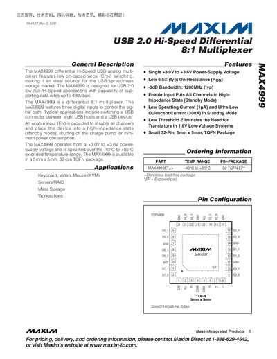 Maxim MAX4999 USB 2.0 Hi-Speed Differential Multiplexer Datasheet - cover page