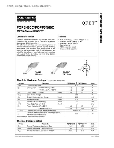 Fairchild FQP5N60C/FQPF5N60C 600V N-Channel MOSFET Datasheet - cover page