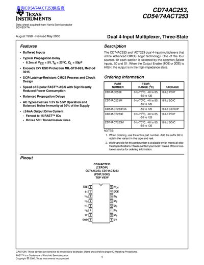 TEXAS INSTRUMENTS CD74AC253 CD54/74ACT253 Dual 4-Input Multiplexer Three-State handbook - cover page