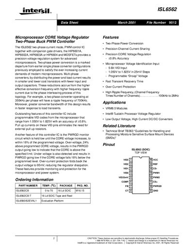 Intersil ISL6562 Microprocessor CORE Voltage Regulator Two-Phase Buck PWM Controller Datasheet - cover page
