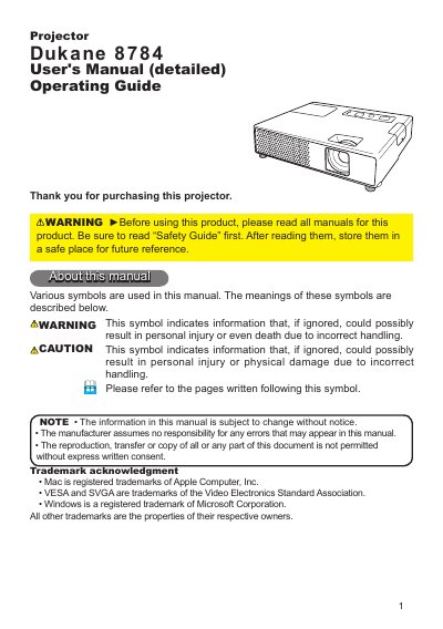 Dukane 8784 Projector User's Manual - cover page