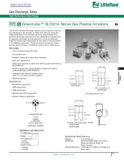 Littelfuse SL1021A Series Gas Plasma Arresters Datasheet - cover page
