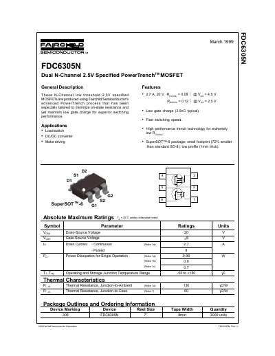 Fairchild Semiconductor FDC6305N Dual N-Channel MOSFET Datasheet - cover page