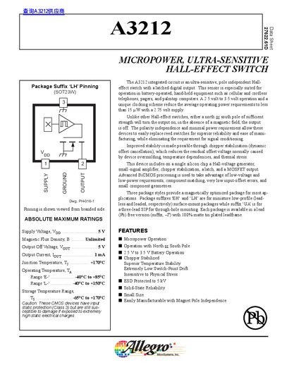 Allegro MicroSystems A3212 Hall-Effect Switch Datasheet - cover page