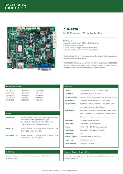 Digital View ALR-1920 LCD Controller Board Datasheet - cover page