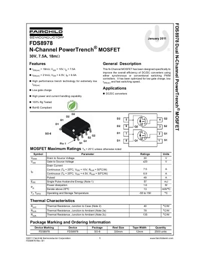 Fairchild Semiconductor FDS8978 N-Channel MOSFET Datasheet - cover page