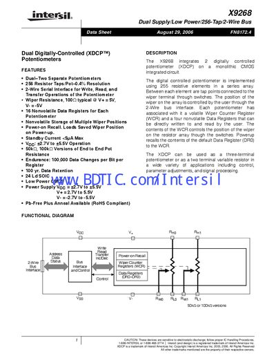 Intersil X9268 Dual Supply 256‑Tap 2‑Wire Bus Digital Potentiometer Datasheet - cover page