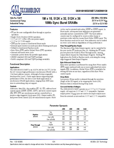 GSI TECHNOLOGY GS816018/32/36BT-250/200/150 handbook - cover page