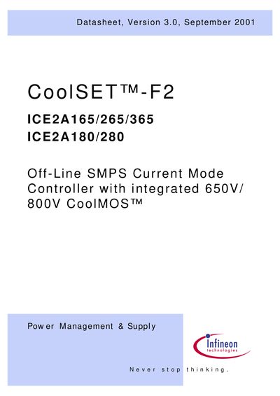 infineon CoolSET -F2 ICE2A165/265/365 ICE2A180/280 Manual - cover page